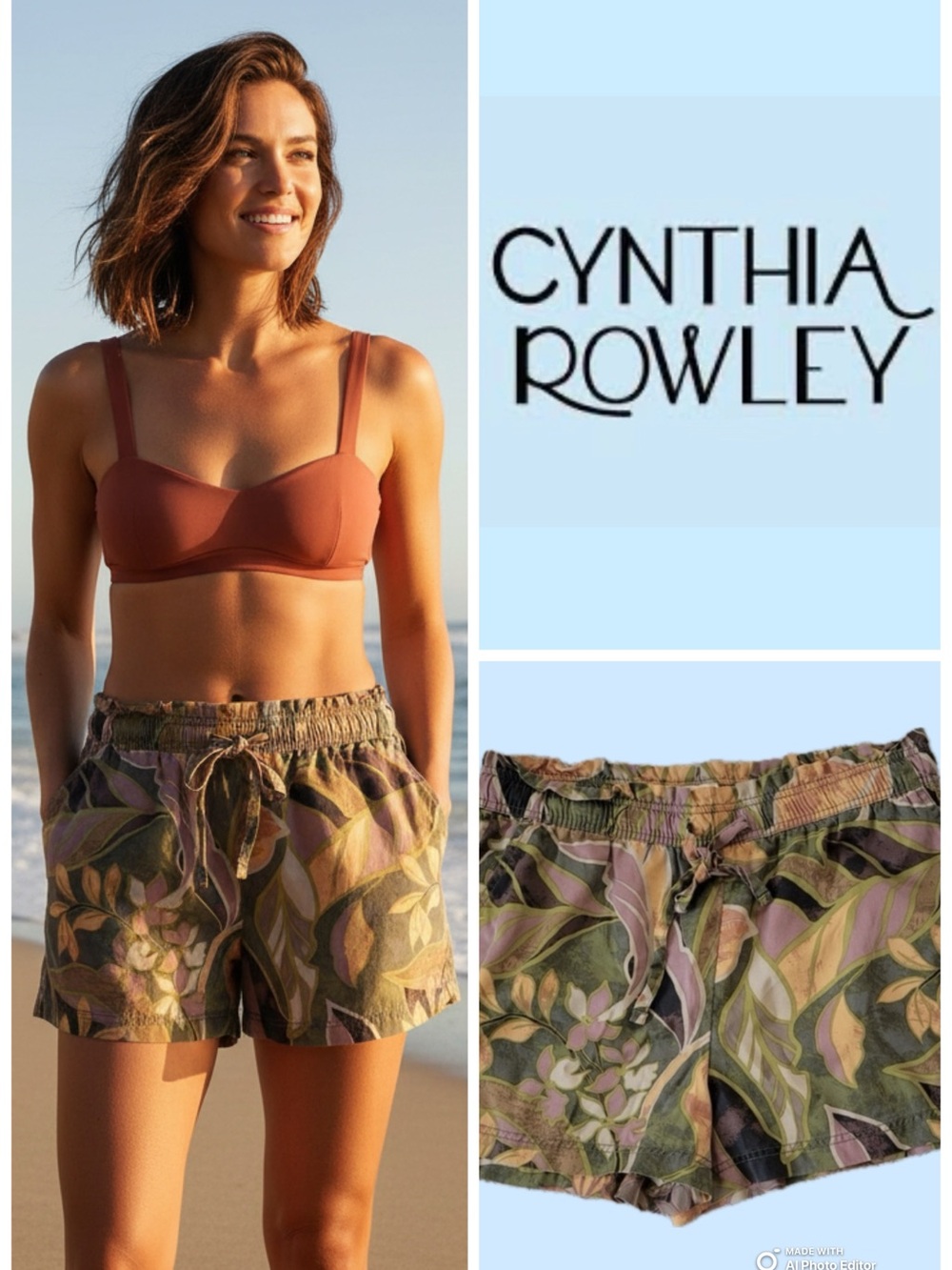 NWT! Cynthia Rowley 100% Lyocell Floral  Shorts in Olive, Pink & Mustard